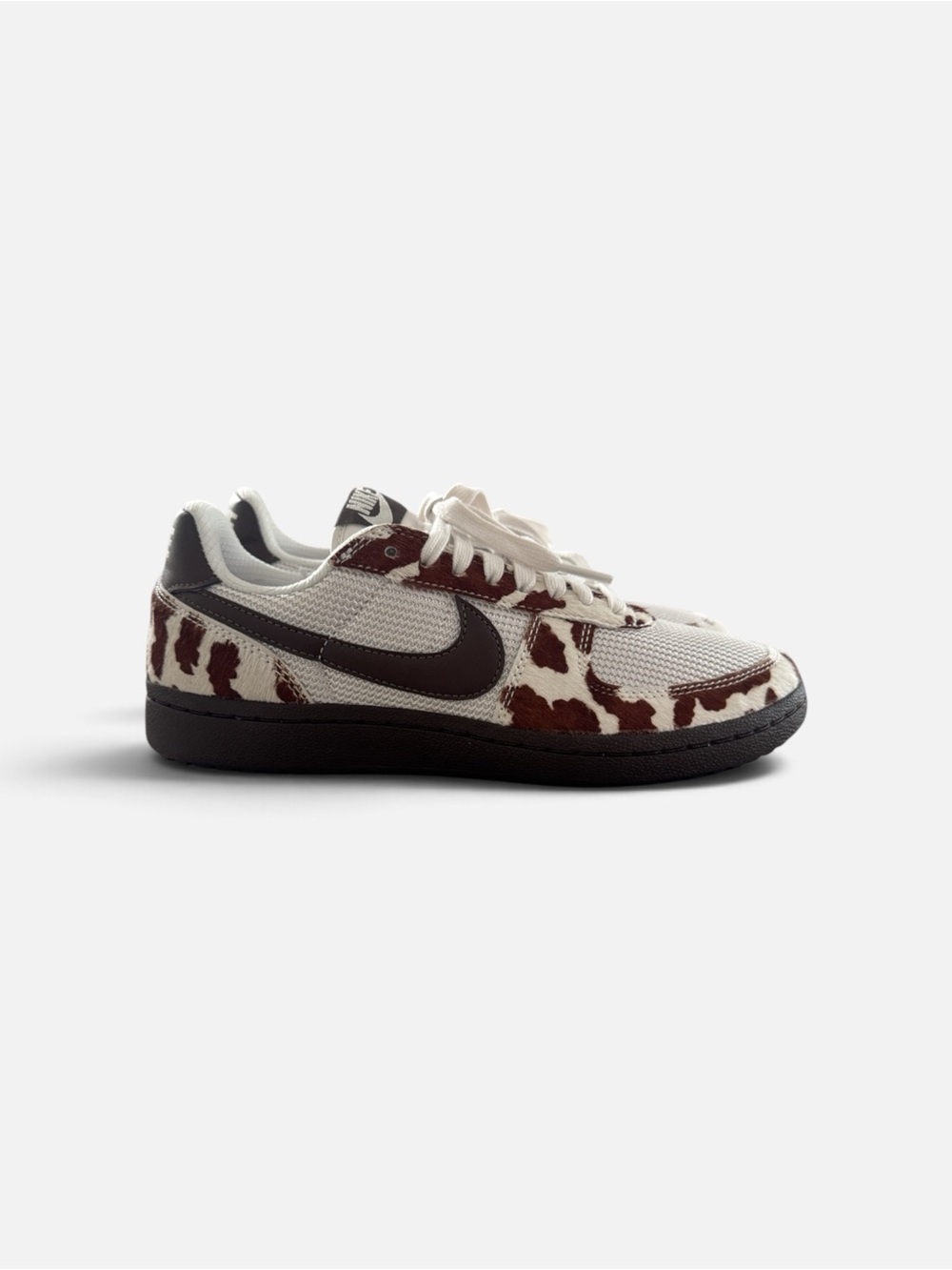 Nike Womens Low-Top Sneakers - White and Brown Cow Print with Black Sole